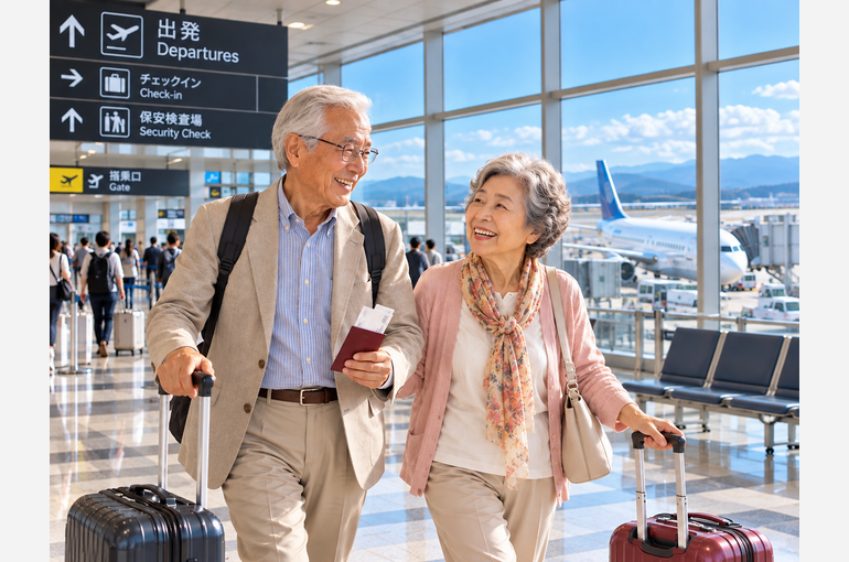 笑顔で旅立つシニア夫婦